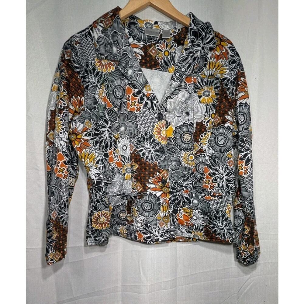 Chico’s Floral Print Button Front Jacket Women’s Sz XL Bold Retro Boho Artsy Top